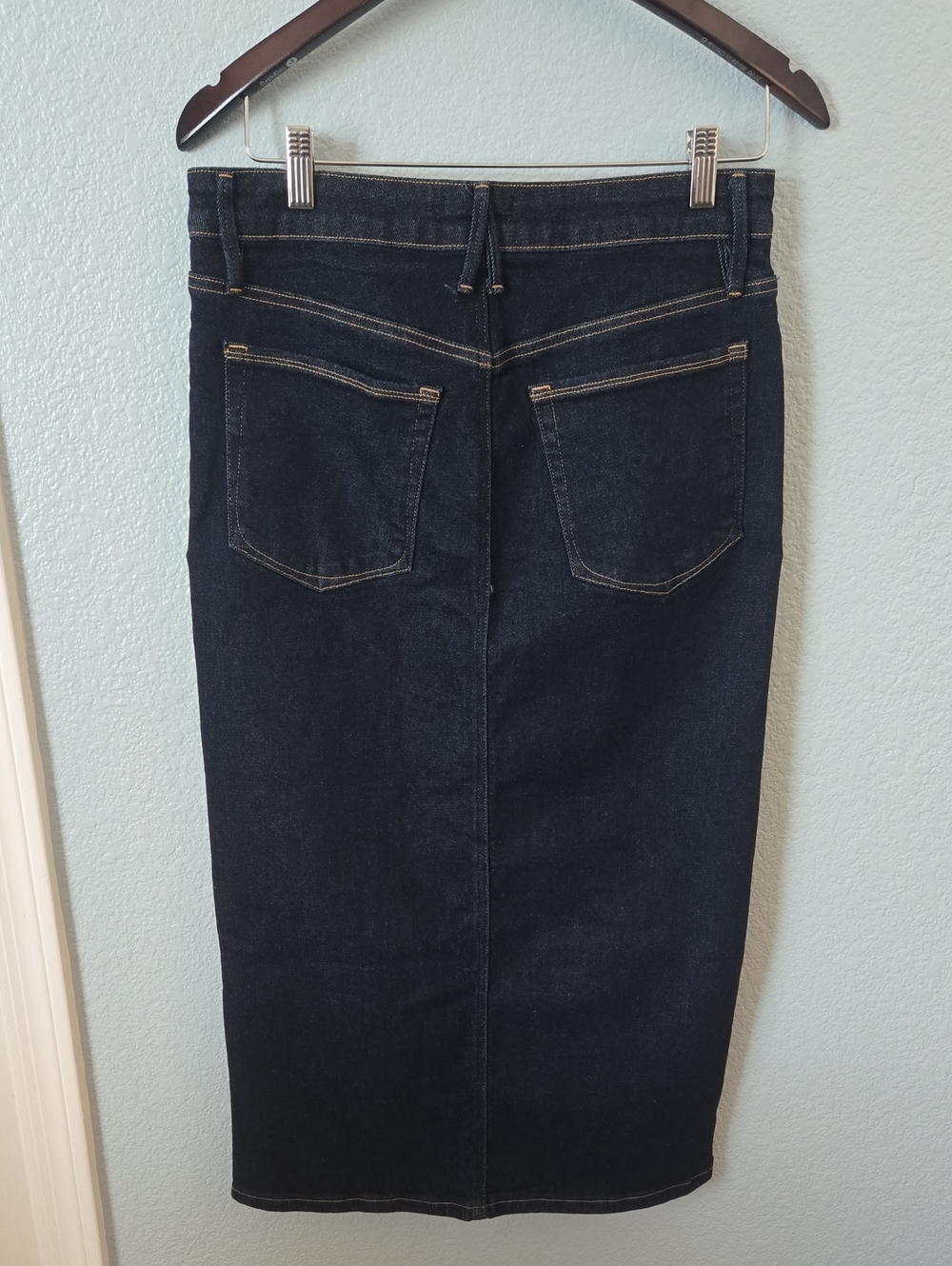 GOOD AMERICAN Slit Front Midi Jean Skirt Dark Blue Indigo 5 Pocket Sz 12 / 31 - Picture 7 of 11